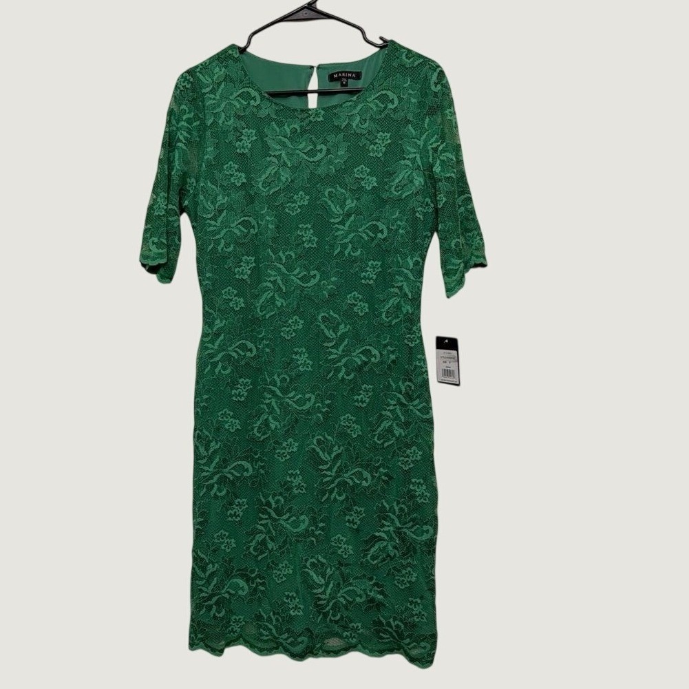 Marina Womens Kelly Green Floral Lace Sheath Dress Elbow Sleeve NWT Size M