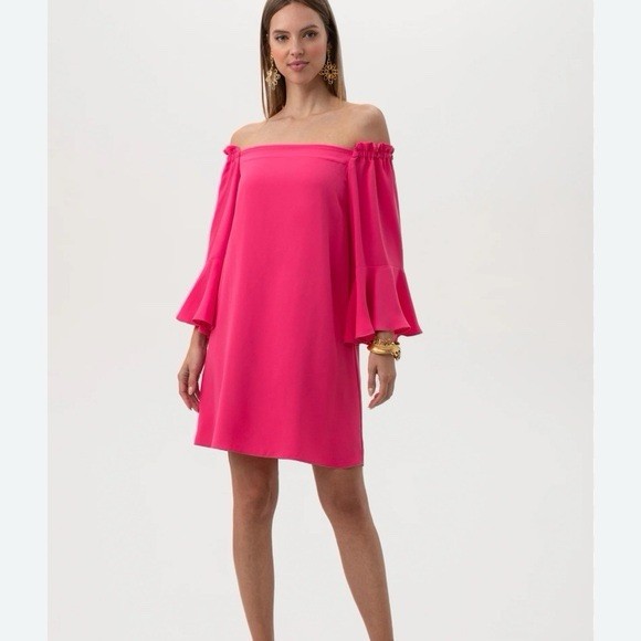 Trina Turk Knox Shift Dress Pink Off Shoulder Bell Sleeve Short, Size S