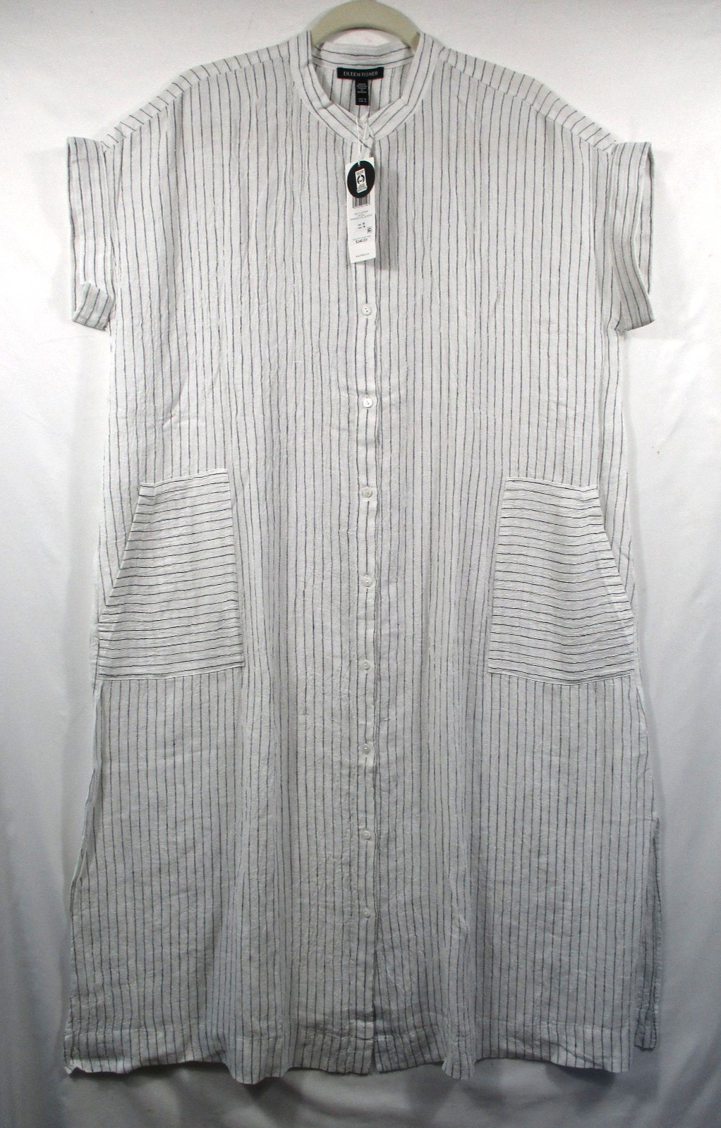 -NWT Eileen Fisher Mandarin Collar Maxi Dress Puckered Organic Linen Women Sz M