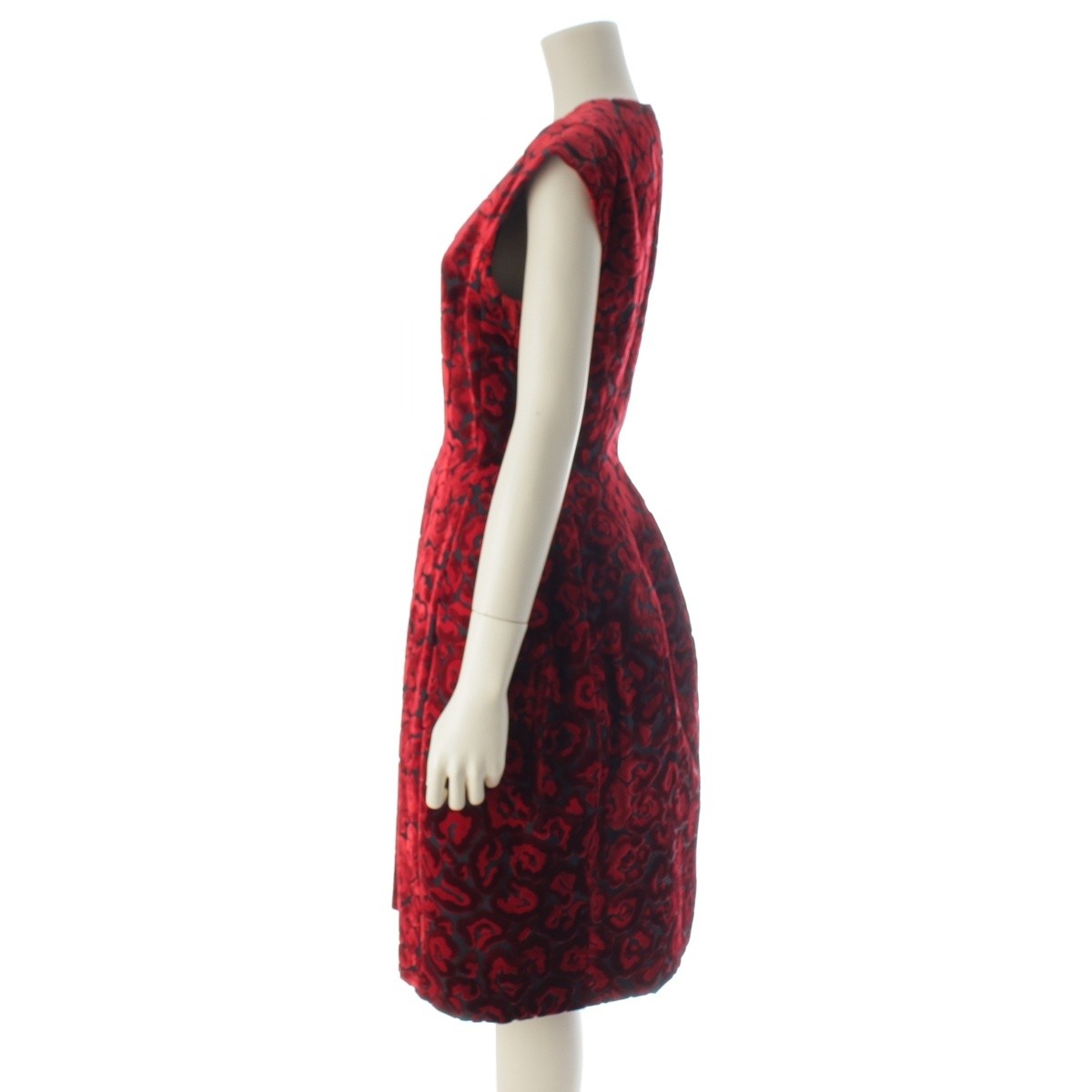 PRADA 2008 Velor flower jacquard one piece dress Red 40