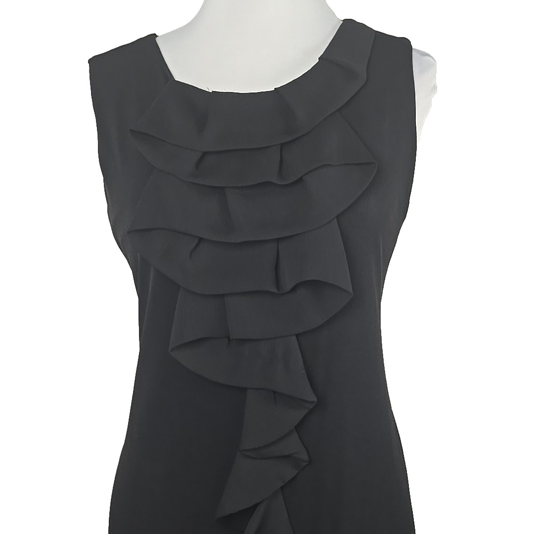EnFocus Black Stretch Knit Ruffle Front Exposed Back Zipper Sleeveless Dress 12