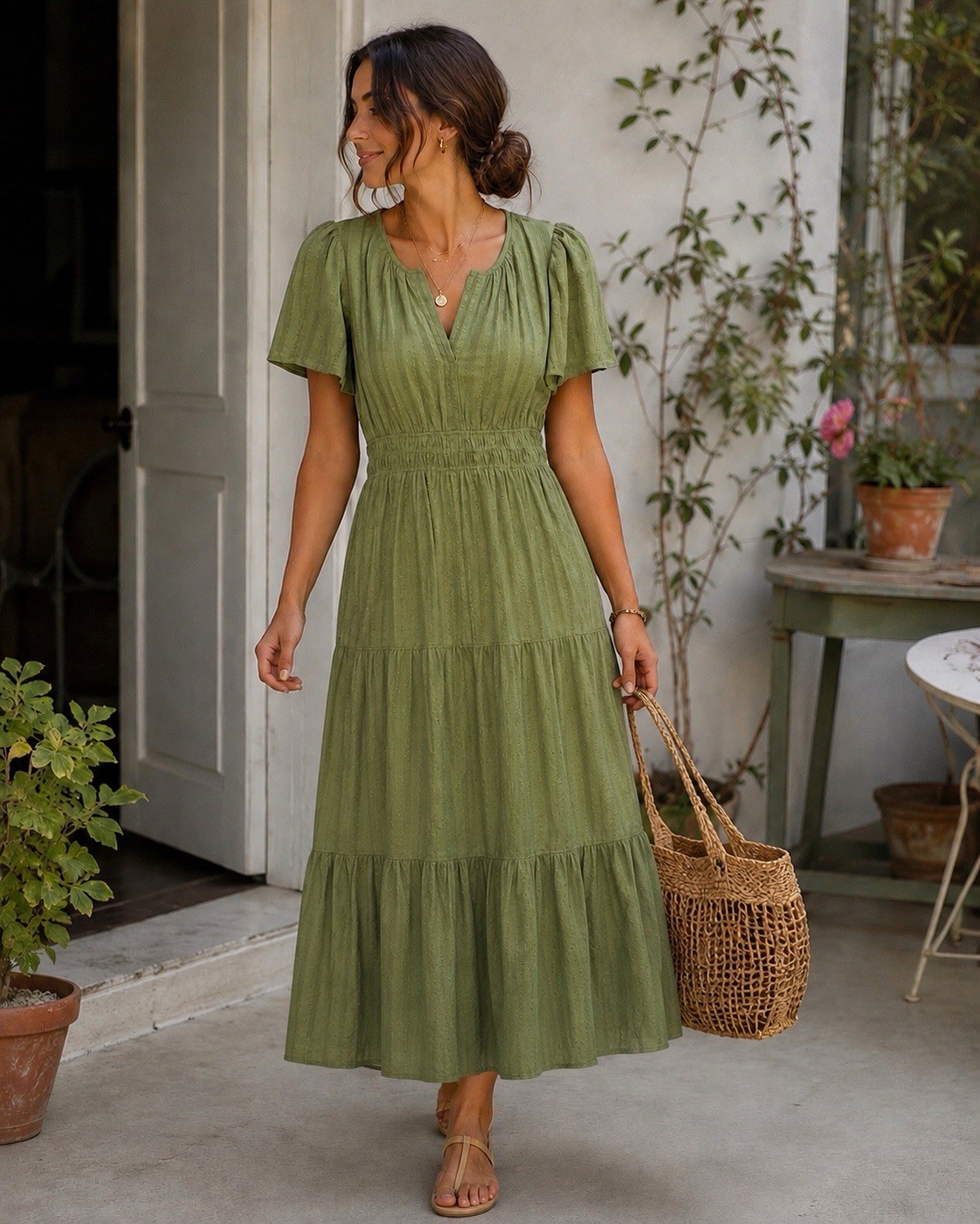 Daniel Rainn Olive Green Maxi Dress M Flutter Sleeve Cottagecore Boho Cotton NWT