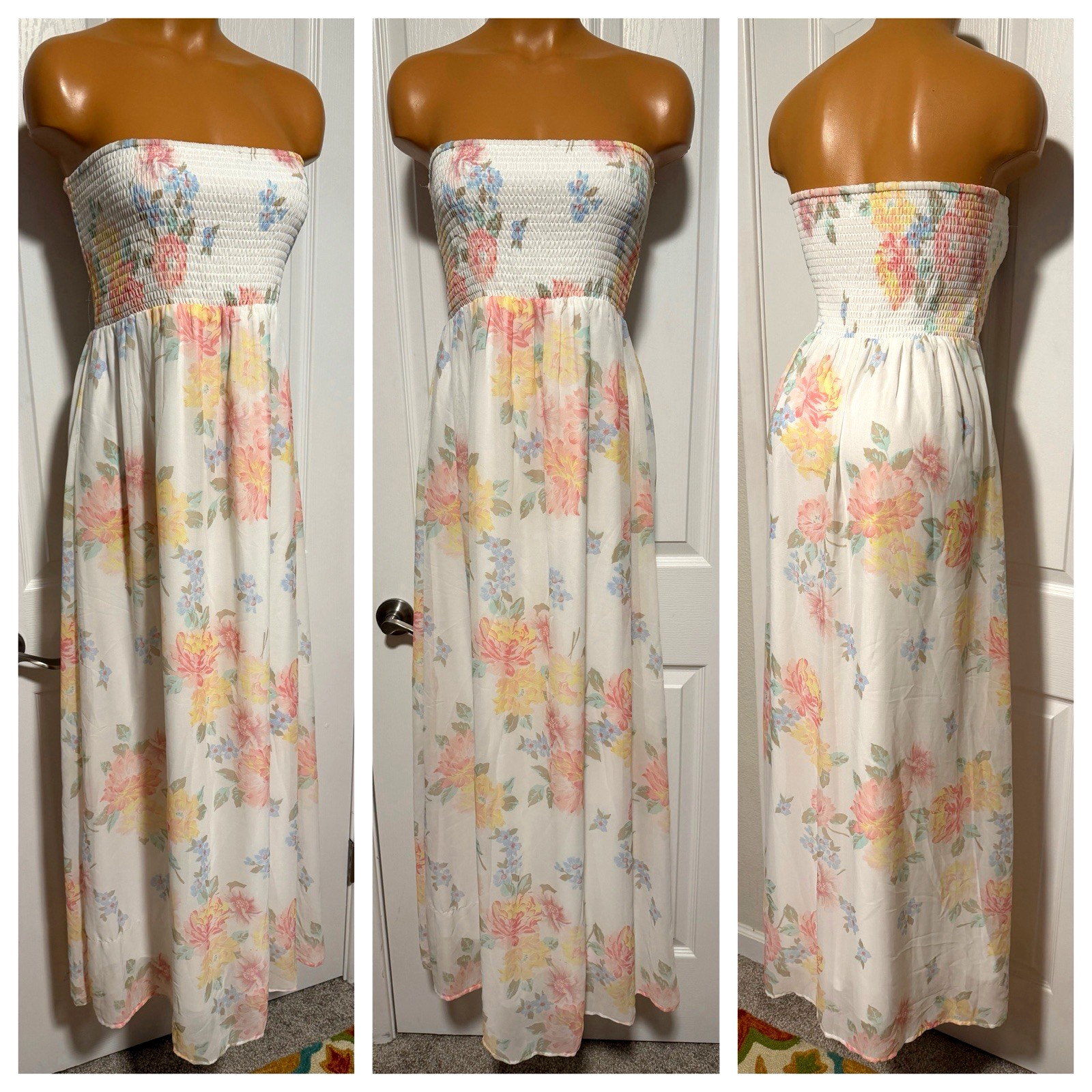 ROMANTIC SHEER FLORAL CHIFFON W/ SMOCKING LINED STRAPLESS SUNDRESS SZ M