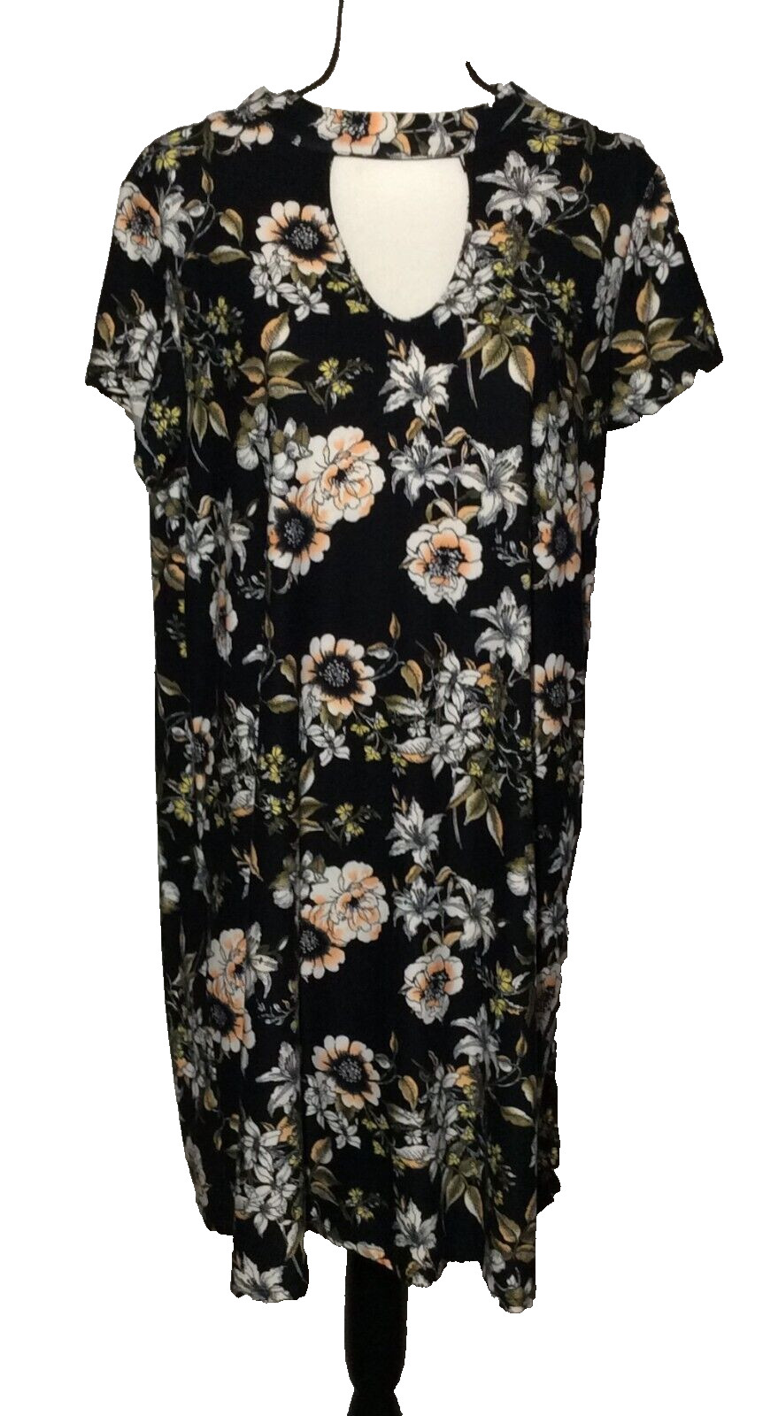 Sauci Women Black Floral Multi- Color Flare Dress Size L Short Sleeve Pullover