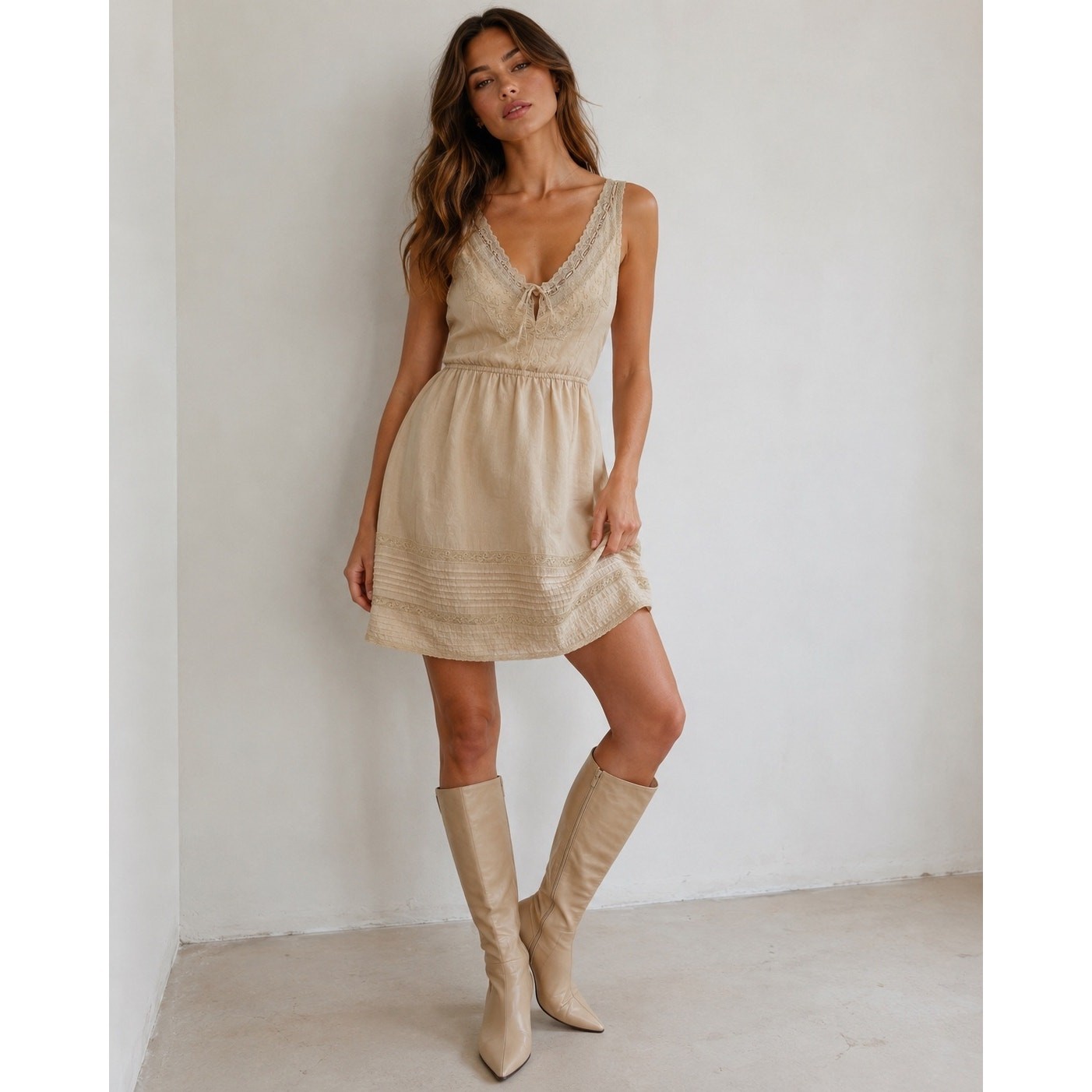 Kimchi Blue Natural Ribbon Lace Embroidered Mini Dress XS Urban Outfitters Boho