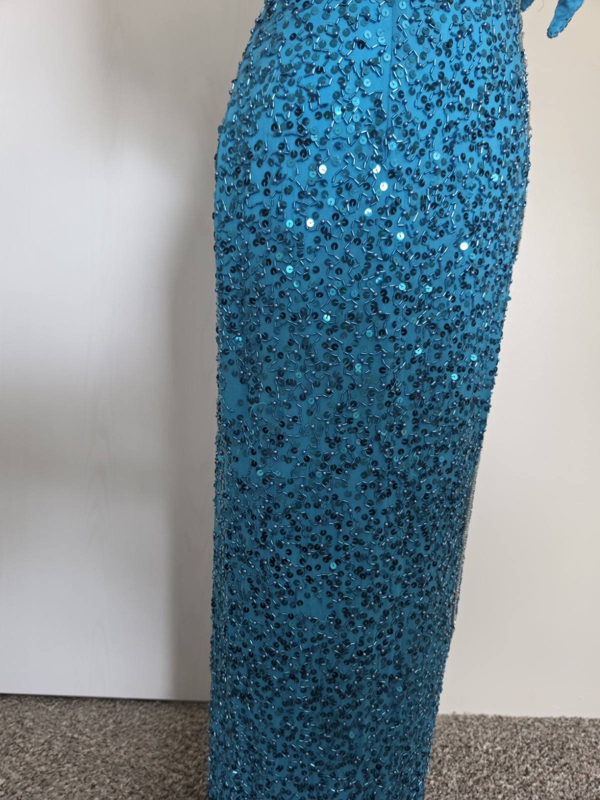 Vintage 80s 90s Alyce Designs Beaded Sequin Maxi Dress Prom Teal Blue Size 4