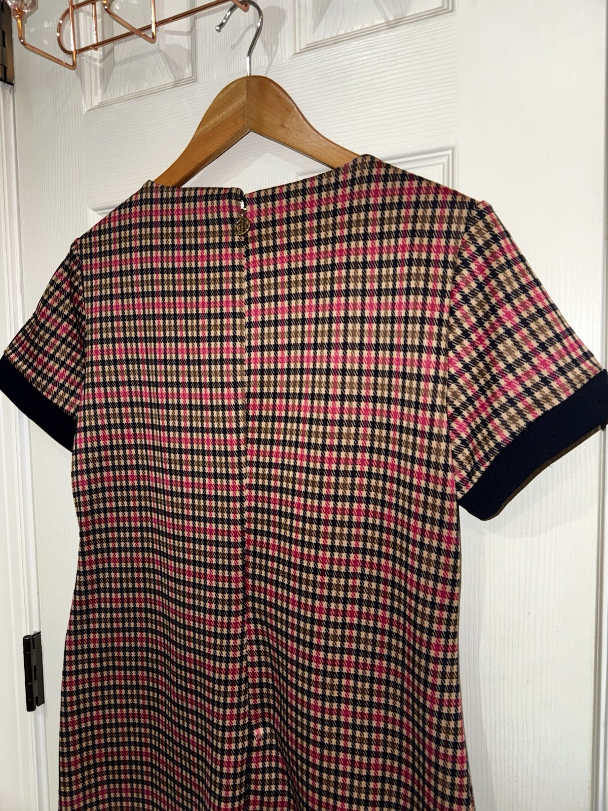Tommy Hilfiger Houndstooth Shift Dress Plaid Pink Navy Tweed Knit NWT Size 6