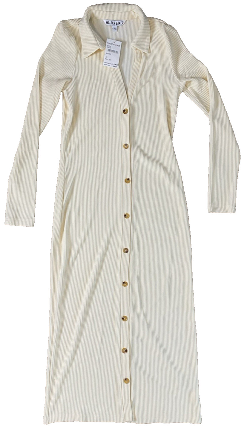 Walter Baker XS X-Small White Knit Helena Ribbed-Knit Midi Button Dress