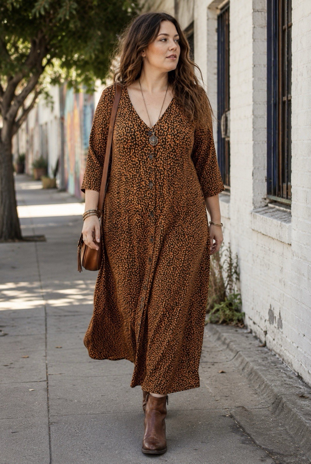 Boden Dress Animal Print Leopard sz 14 R Brown Black Button Front Boho City