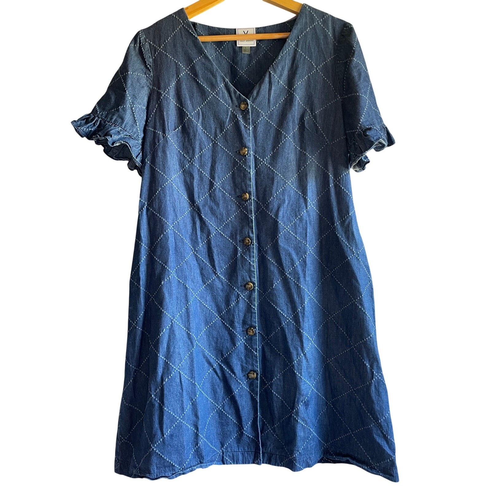 VIOLET WEEKEND Denim Quilted Babydoll Ruffle Dress Women’s LARGE
