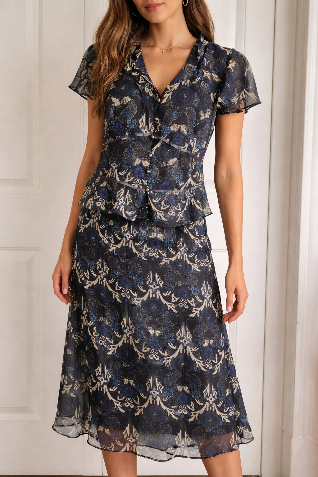 Danny Nicole 2 Pc Dress Set Blue Paisley Sheer Midi Skirt Cottagecore Church