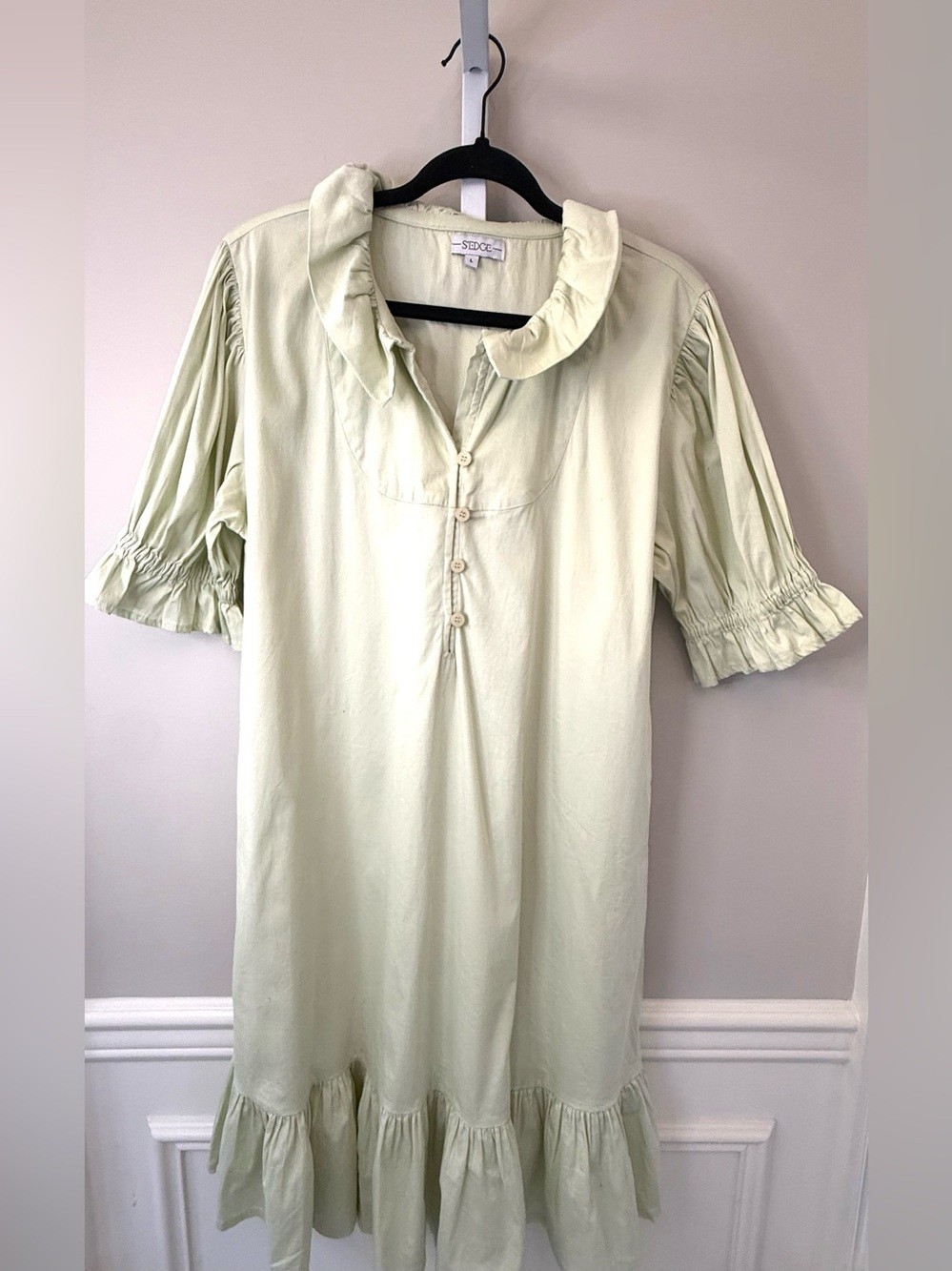 S’Edge Light Mint Cotton Puff Sleeve Tiered Dress Size Large Cottage-core