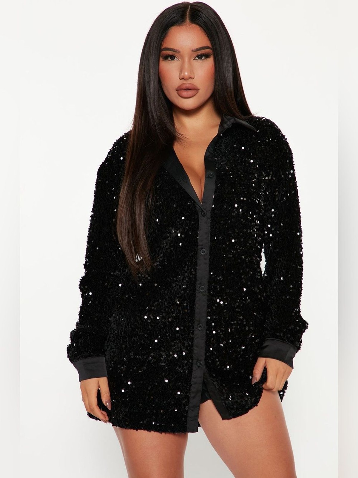 Fashion Nova Black Sequin Shirt mini dress