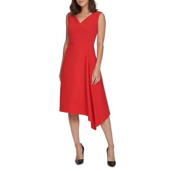 DONNA KARAN NEW YORK V-Neck Asymmetric Sleeveless A-line Midi Dress, 2