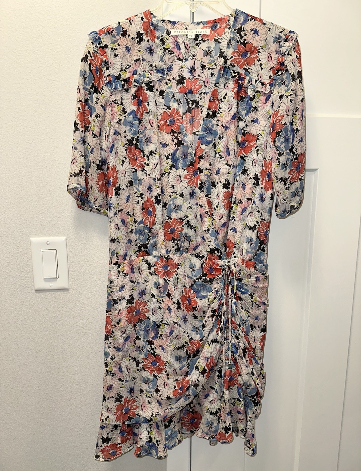 Veronica Beard 100% Silk Floral Ruched Ruffle Pencil Dress Short Sleeve 8