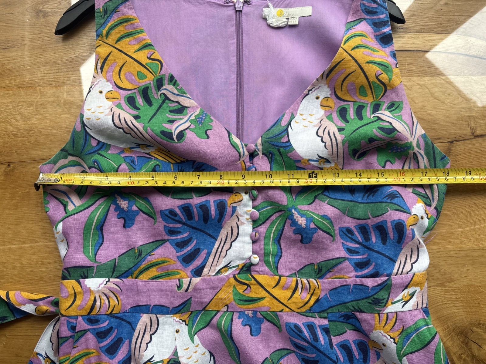 Boden purple green white linen sleeveless maxi v-neck bird parakeet palm tree 12