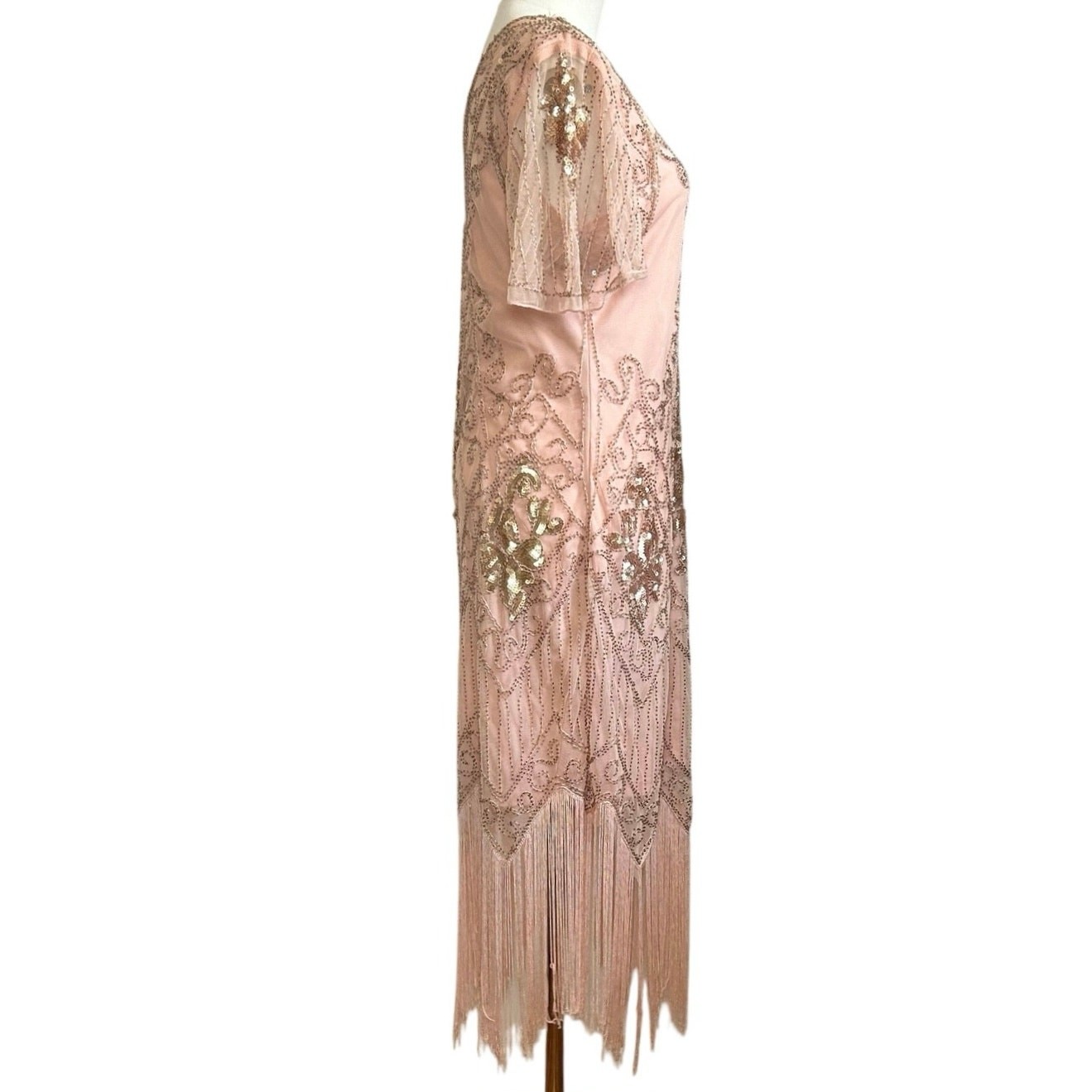 Pink Beaded Sequin Flapper Dress PS Fringe 1920s Style Art Deco Costume Party