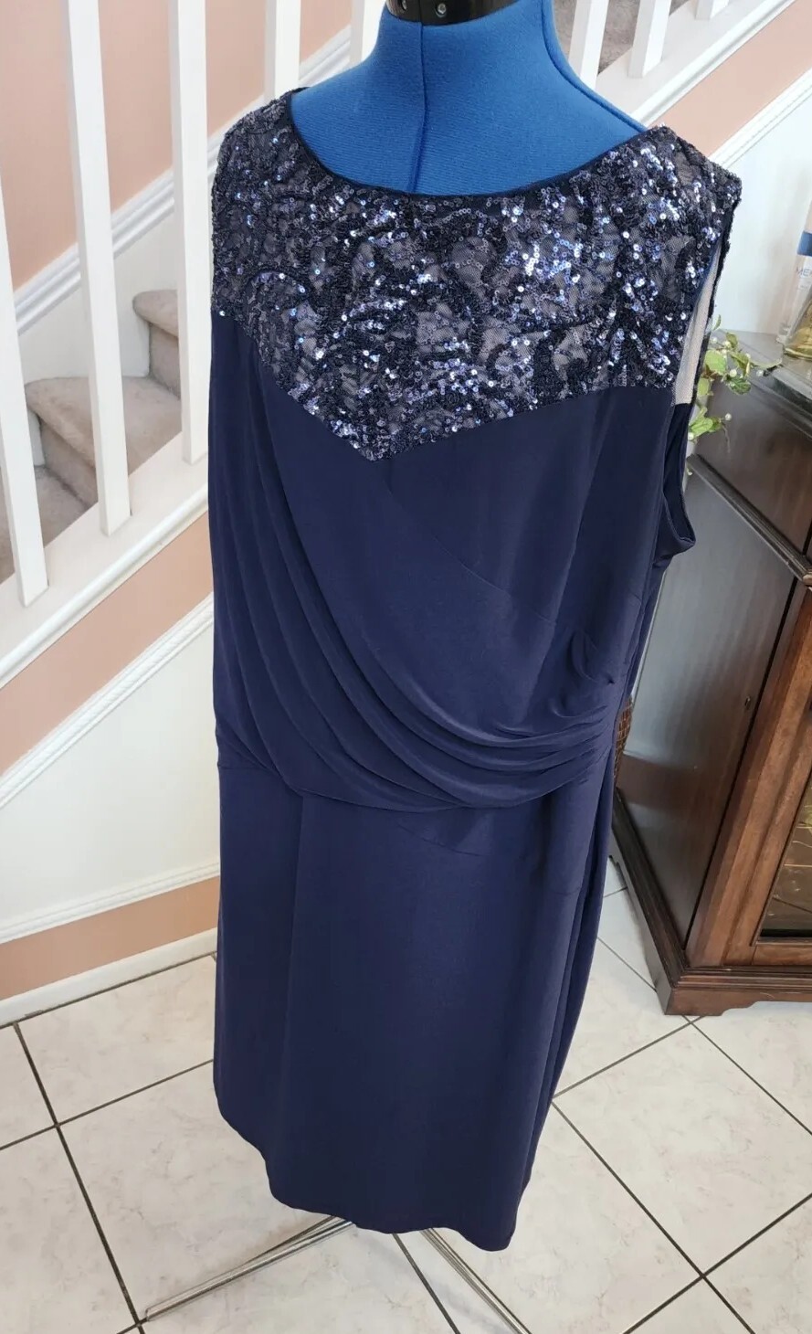NWT RALPH LAUREN Blue Sequin Round Neck Side Gathered Sleeveless Dress 22W $165