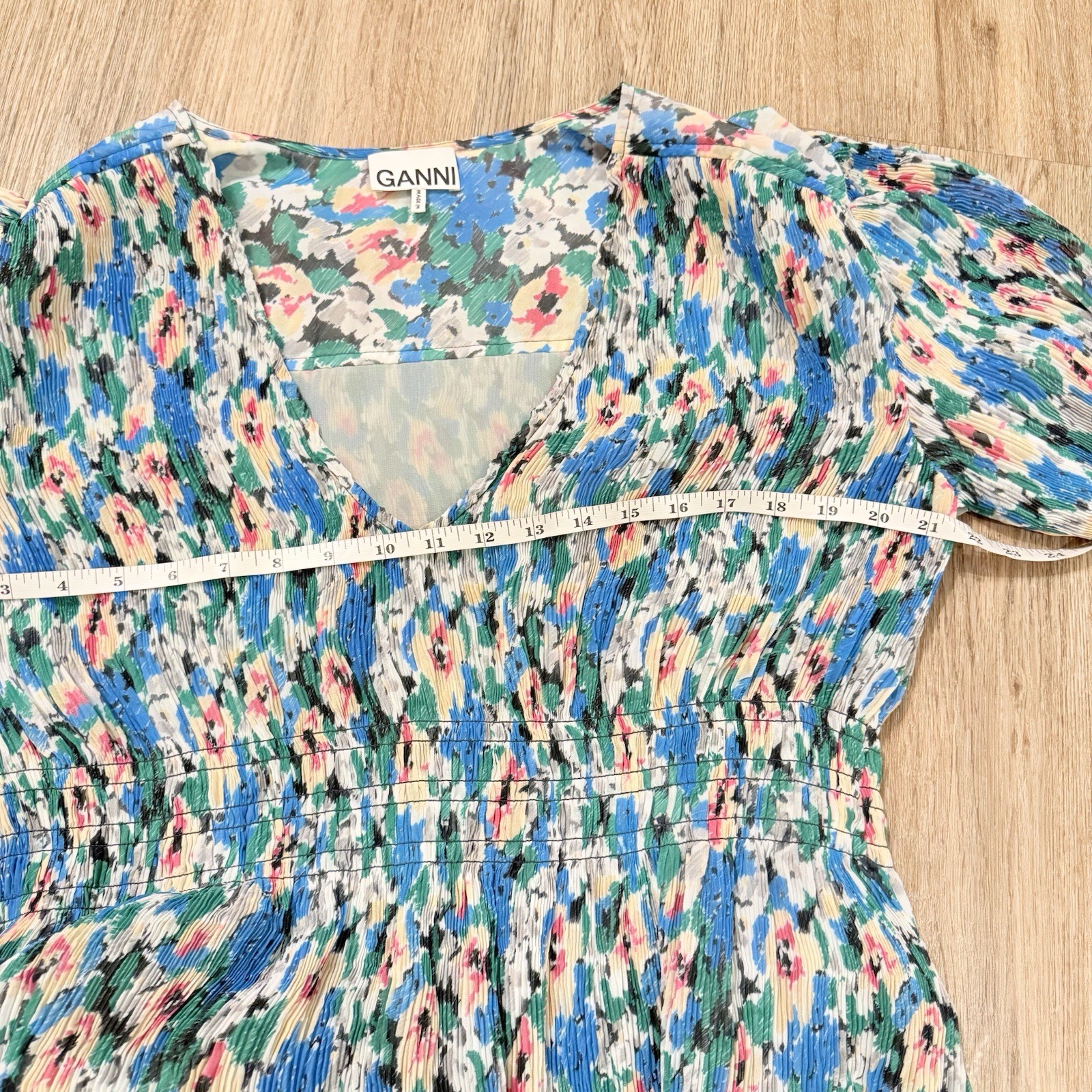 Ganni Midi Dress Georgette Pleated Floral Azul Blue Puff Sleeve Size 40/L Spring