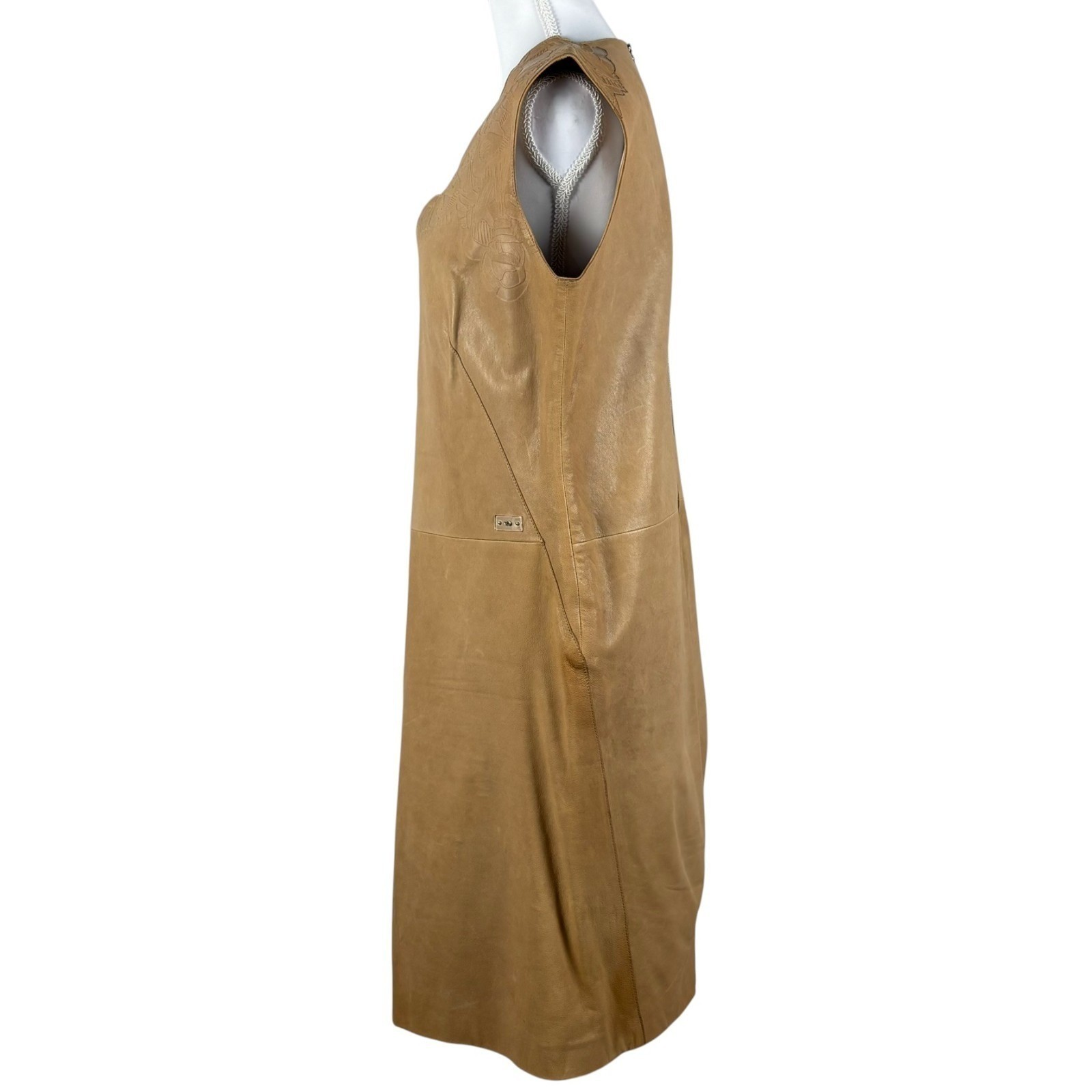 Escada Leather Sleeveless Midi Dress Womens EU 38 US 6 Light Umber Tan Scalloped