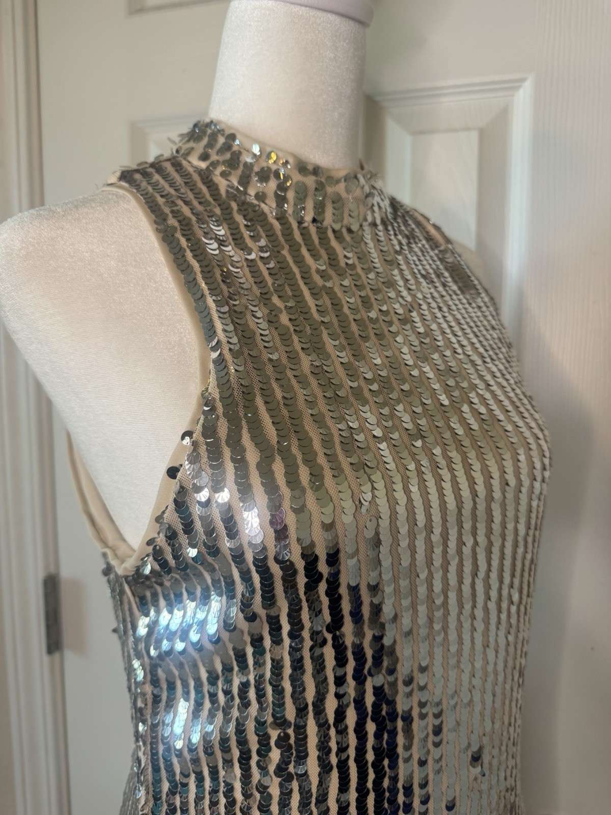 Mademli Boutique Silver Sequin Solid High Neck keyhole Back Bodycon Mini Dress S