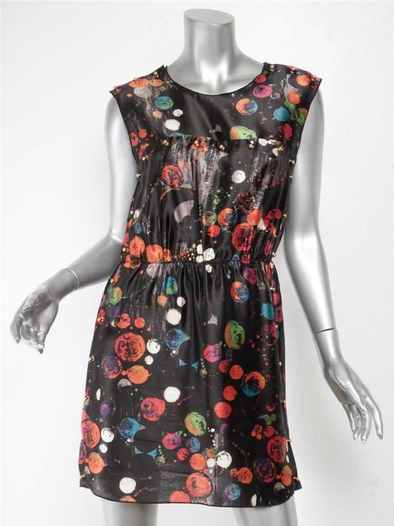 3.1 PHILLIP LIM Multi-Color Print SILK Stud Sleeveless Elastic Waist Dress 6 NEW
