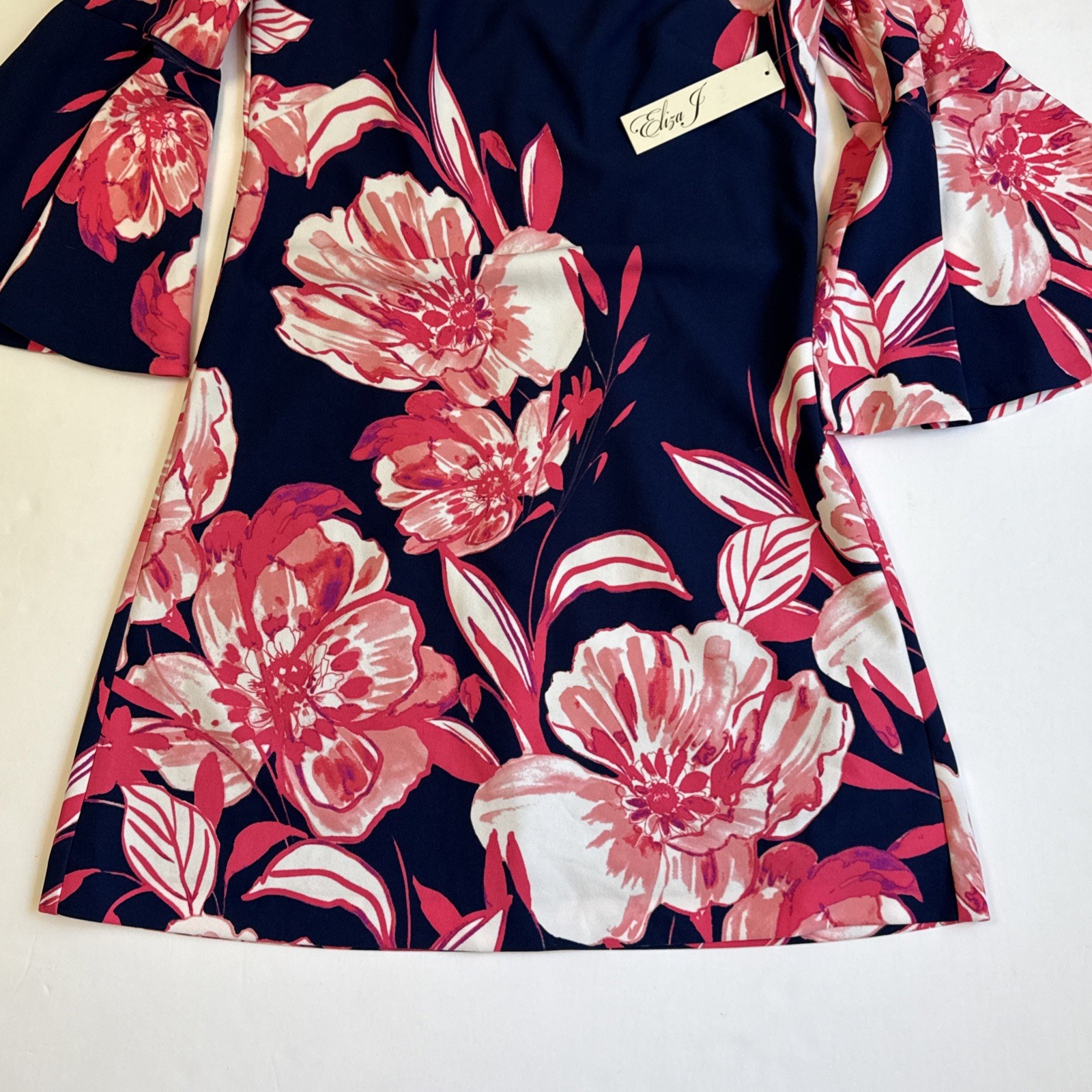 ELIZA J NWT $128 Beautiful Blue Pink Coral Floral Bell Sleeve Dress 6 Small NEW