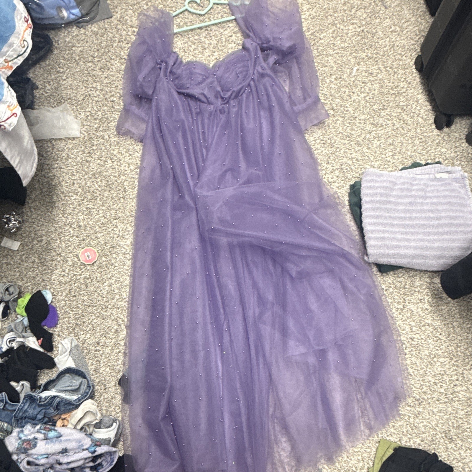 Lavender Molisa Women Pearl Tulle Maternity Dress Puffy Sleeves Off Shoulder