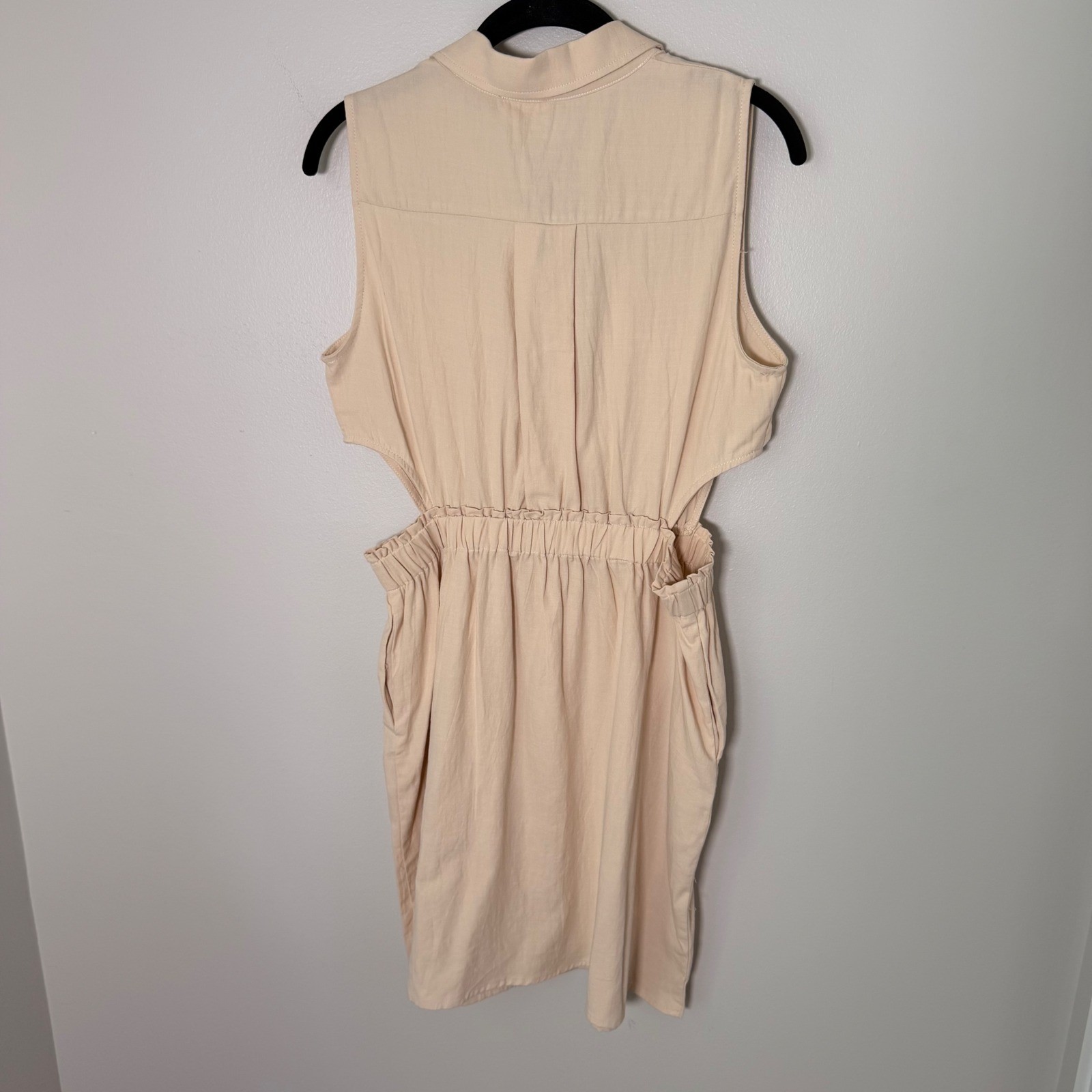 Neutral Summer Button Down Cotton Shirt Dress NEW (LG) Cutouts Sleeveless Cream