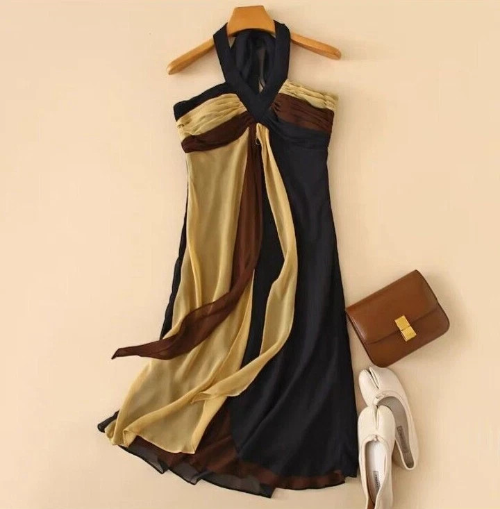SANGRIA Halter Neck Layered Chiffon Midi Dress – Multiple Sizes