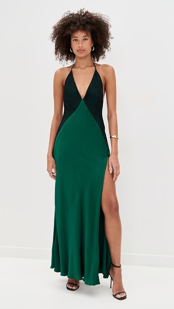 Bardot x Anthropologie Emerald Green Black Halter Maxi Evening Dress, Size 8 L