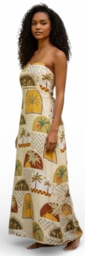 Paper Heart Anthropologie Maxi, Linen Blend Strapless Palm Dress Sz-XS- NWT