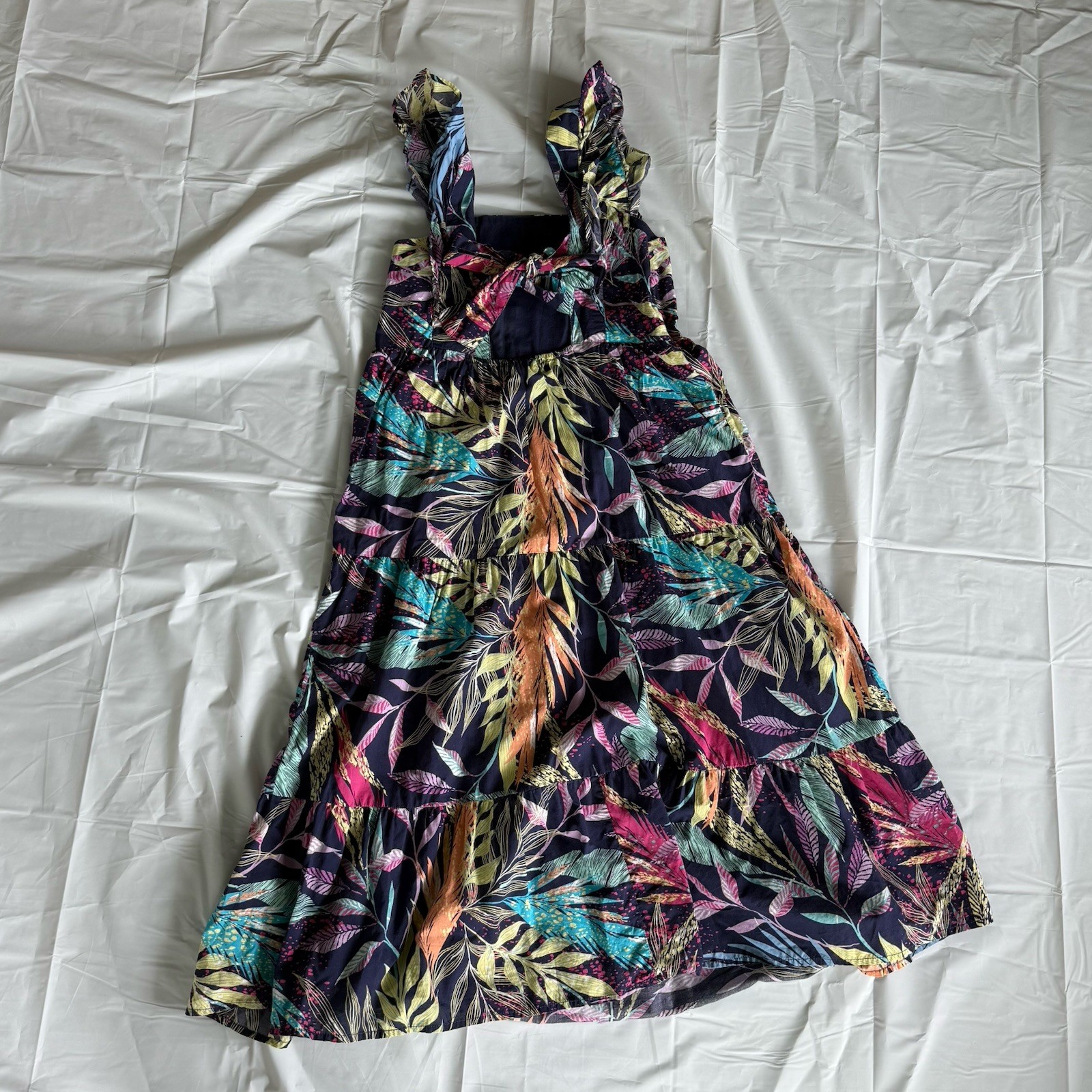 🏖️ Beach Lunch Lounge Maxi Dress Womens Medium Tropical Print Cotton Tie Back