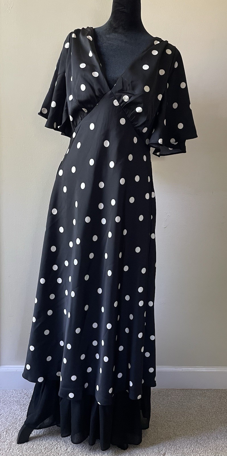 Black Maxi Dress with White Polka Dots & Black Chiffon Hem | Size S