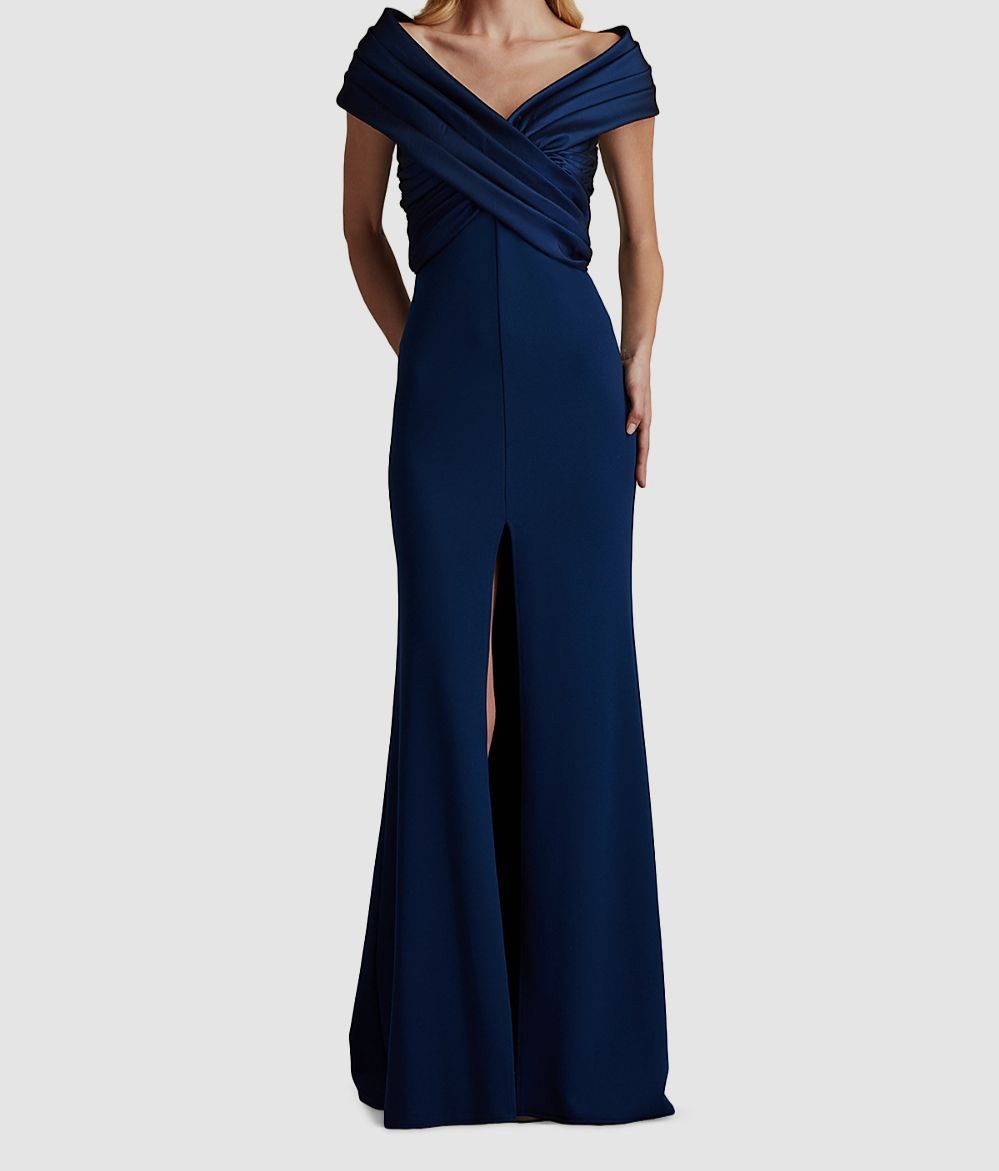 Tadashi Shoji Women’s Blue Long Pleated Formal Slit Off-Shoulder Dress Size S