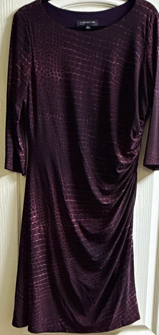 Jones New York Purple Animal Print Ruched Side Zip Dress Scoop Neck 3/4 Sz 14