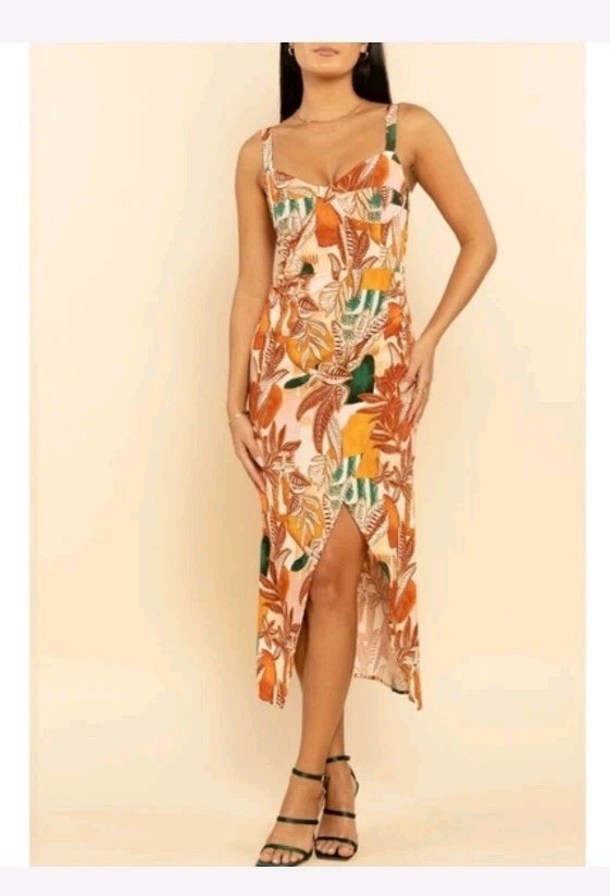 NWT Shore Brand Midi Dress Tropical Flower Plant Beach Print Size Small