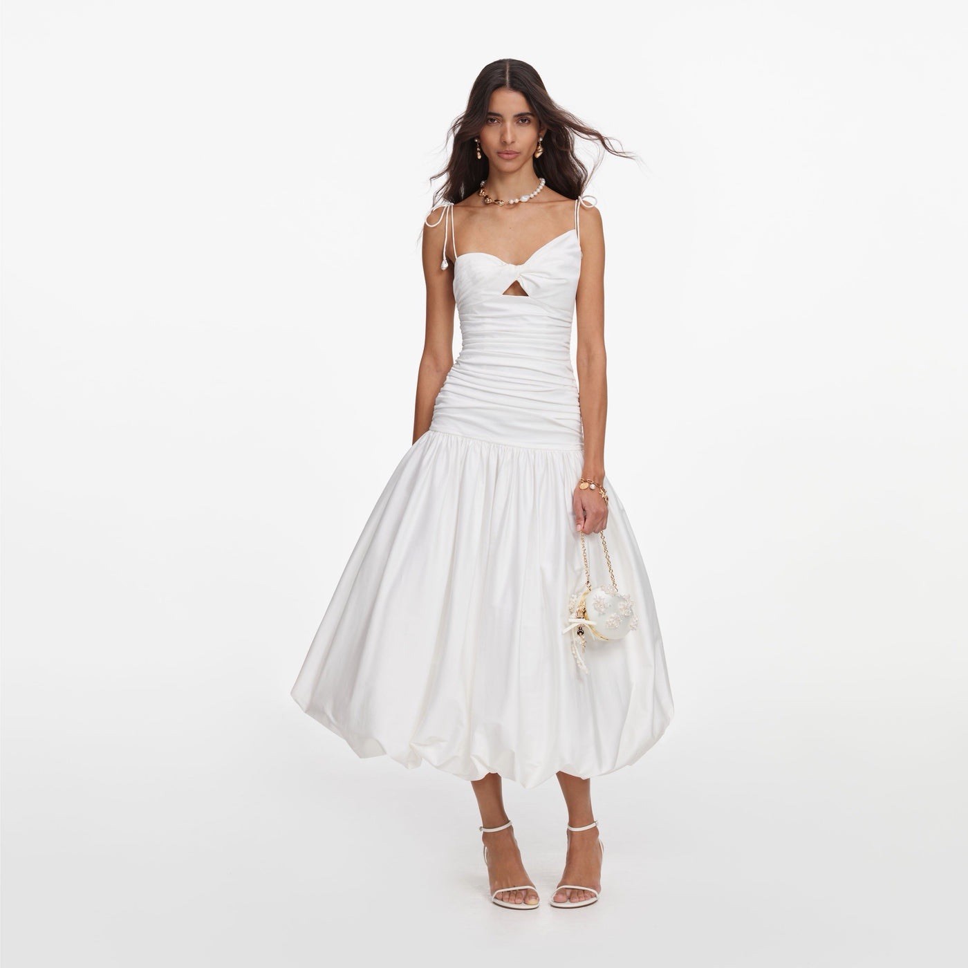 Self Portrait WHITE COTTON GATHERED MIDI DRESS