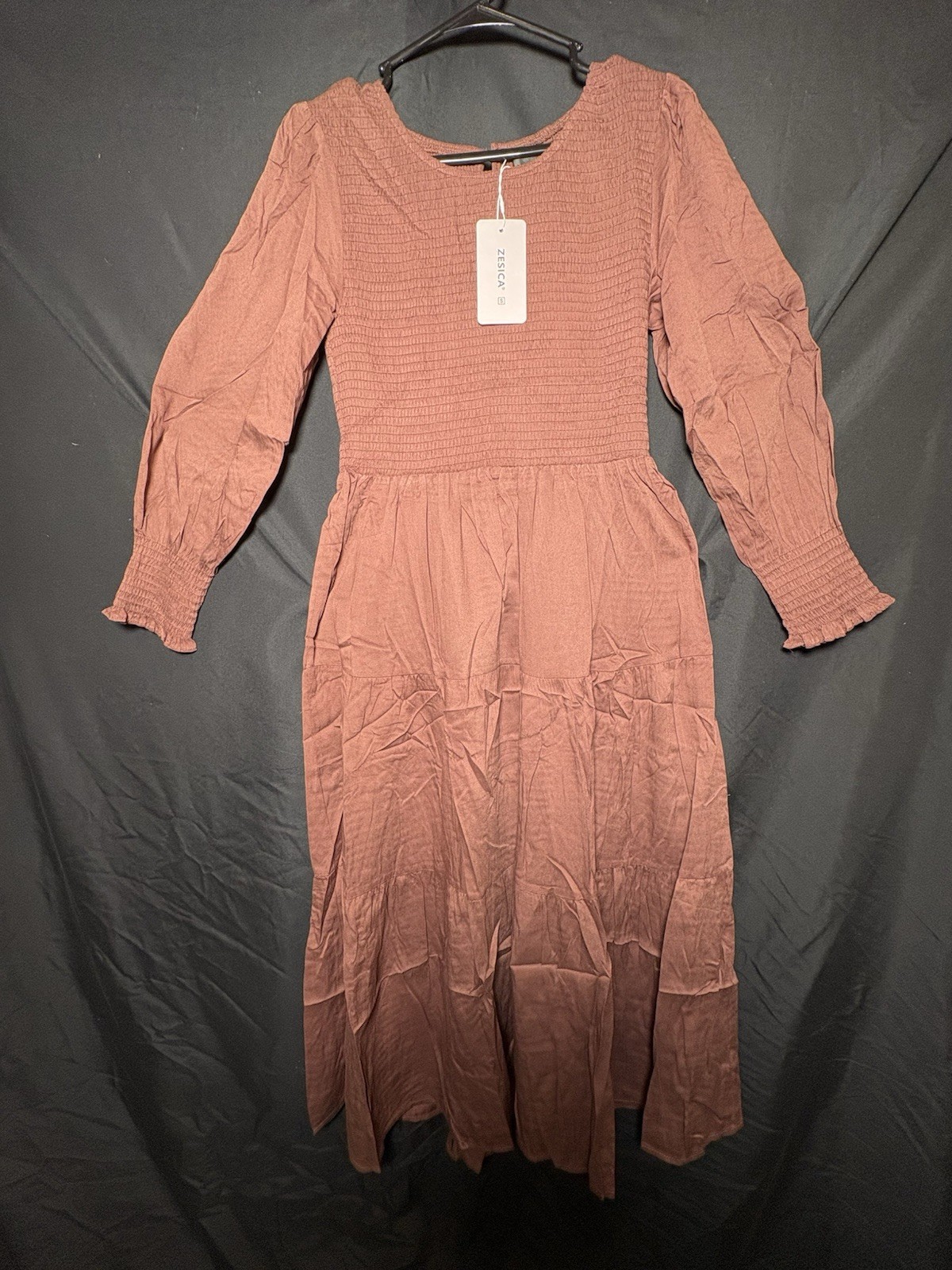ZESICA Brown Square Neck Puff Long Sleeve Smocked Tiered A-Line Midi Dress S