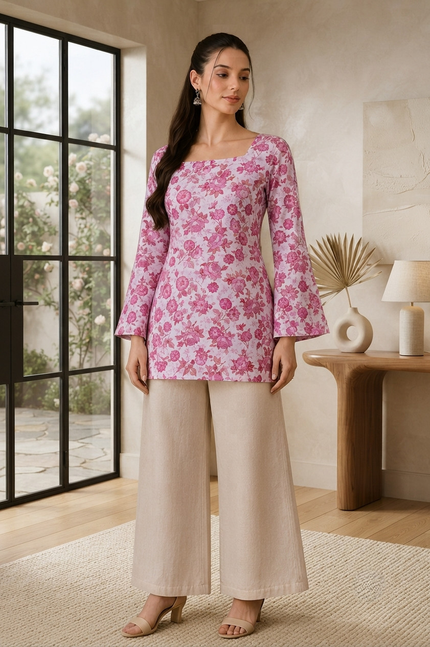 Women’s Pink Floral Tunic Top Square Neck Bell Sleeve , Casual Traditional Dress