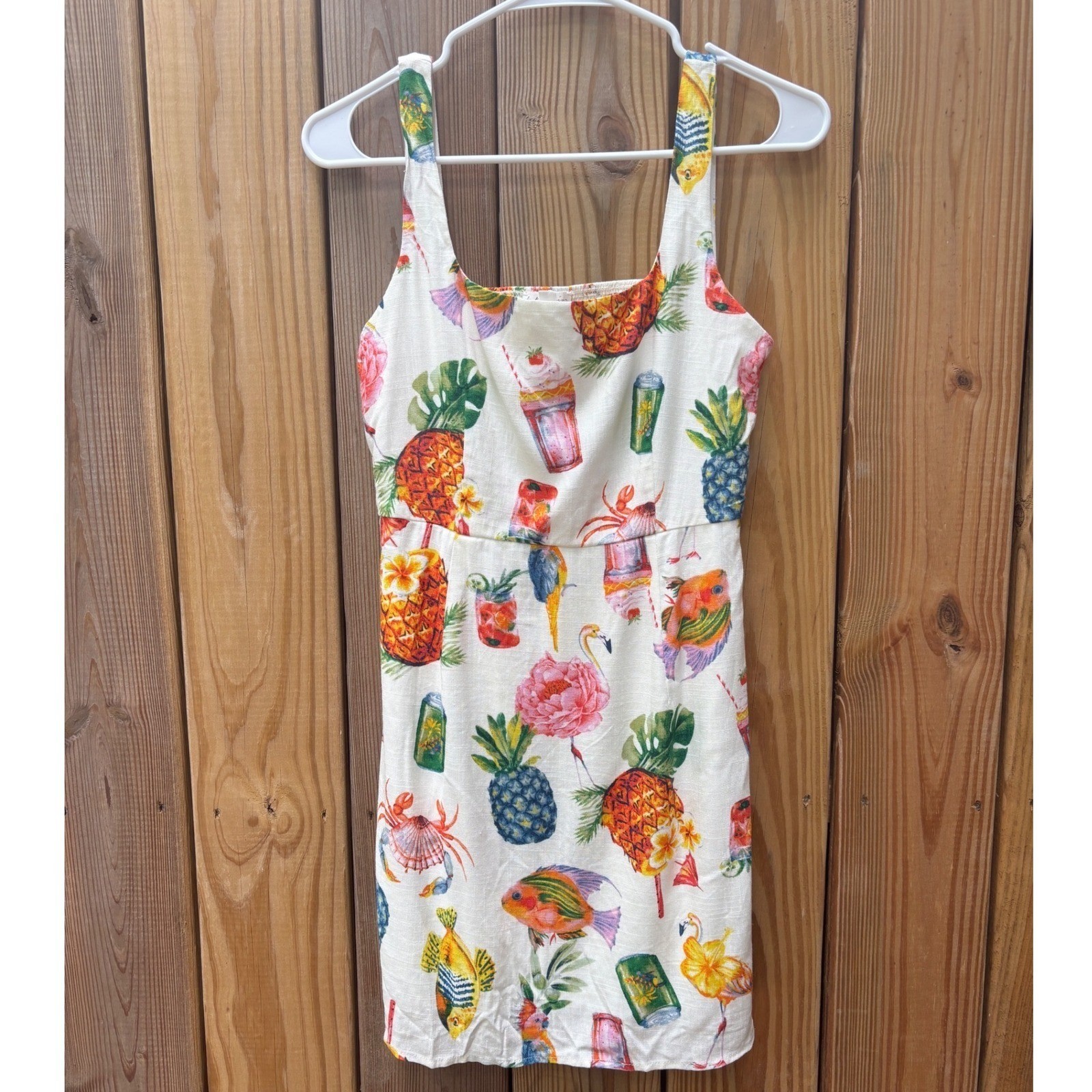 By The River Tropical Pineapple Flamingo Mini Dress White Rayon Linen Small
