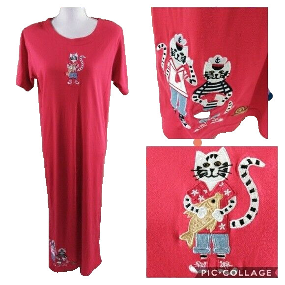 VTG Lisa International Cats Maxi Dress L Long Kitten Feline Red Nautical Beachy