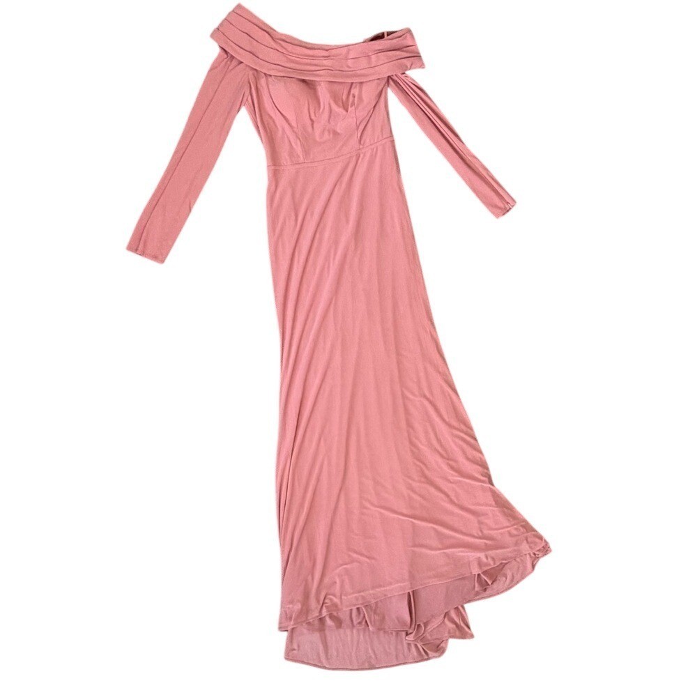 Mac Duggal 26595 Off Shoulder Column Gown Rose Pink Long Sleeve 8 NWOT