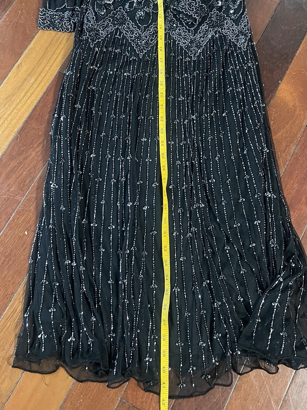 Pisarro Nights Black V-NeckBeaded Long Sleeve Evening Dress