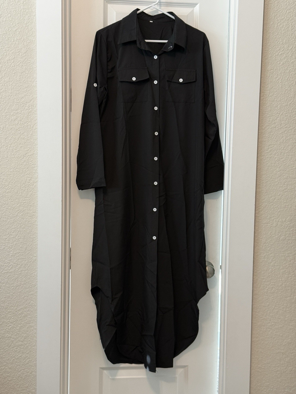 Black Solid Shirt Dress Button-Front Pockets Collared Long Sleeve Long L