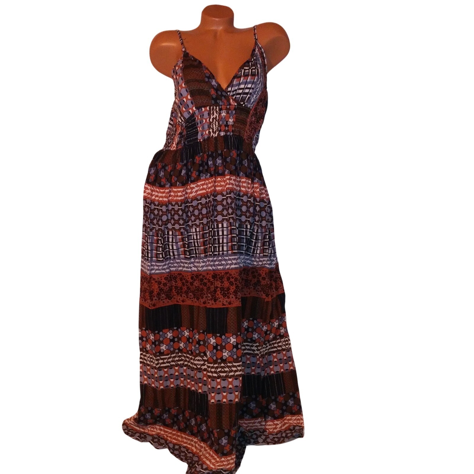 K Trixx Sun Dress Maxi Large Brown Blue White Smocked Sleeveless