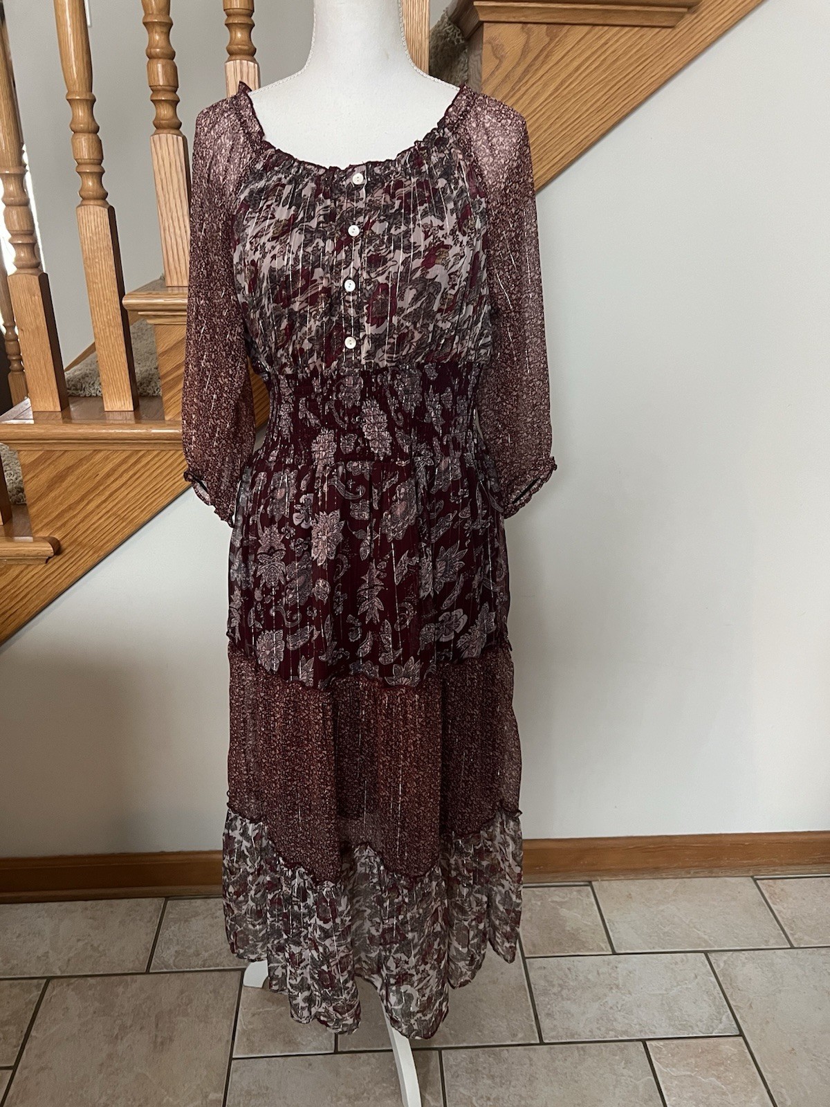 Sweet Magnolia Dress Maxi 3/4 Sleeve Boho Peasant Size M