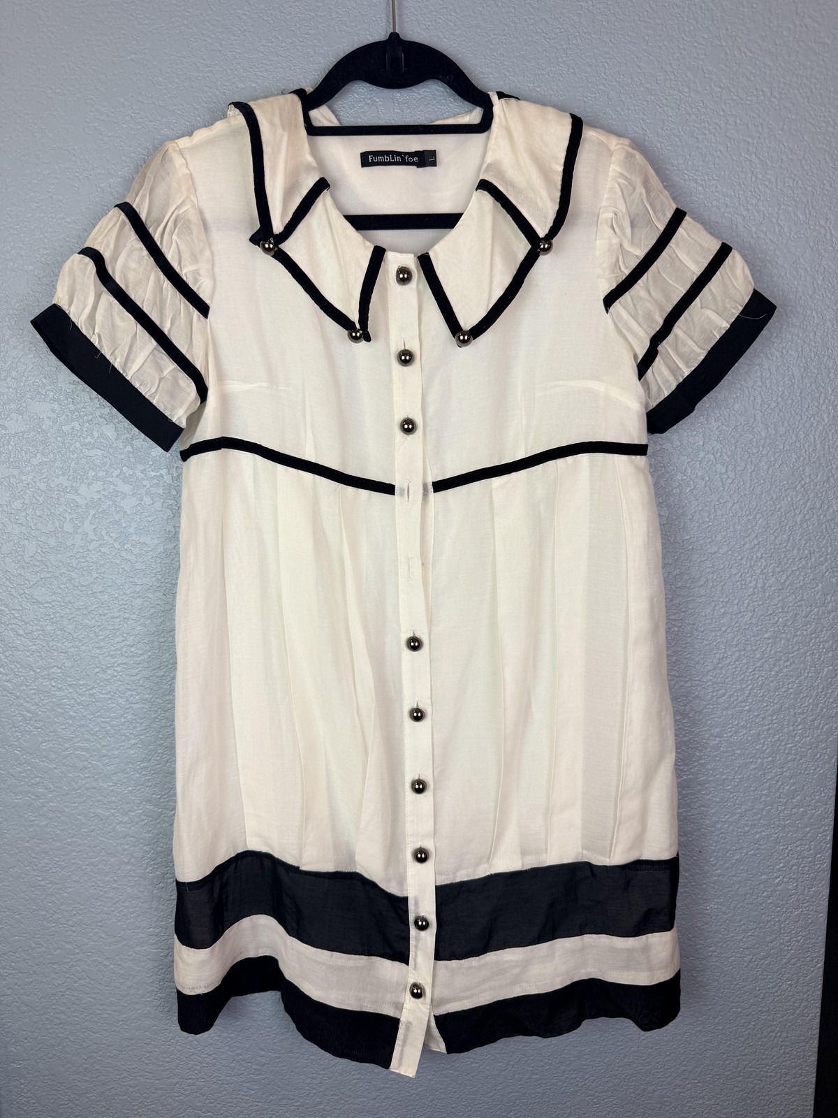 FumbLin` Foe Shirt Dress Womens Large White Black Nautical Collar Puff Sleeve