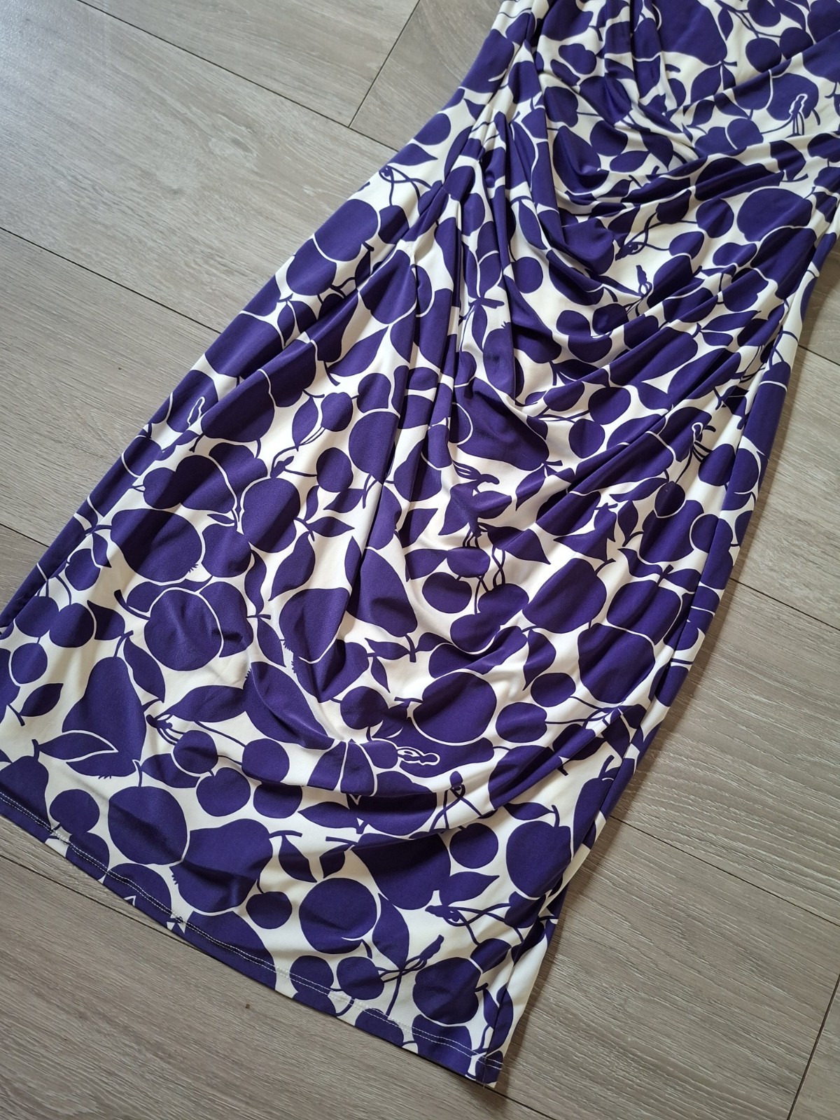 Phase Eight White & Purple Fruit Print Bodycon Dress Shift Ruched Wiggle UK14