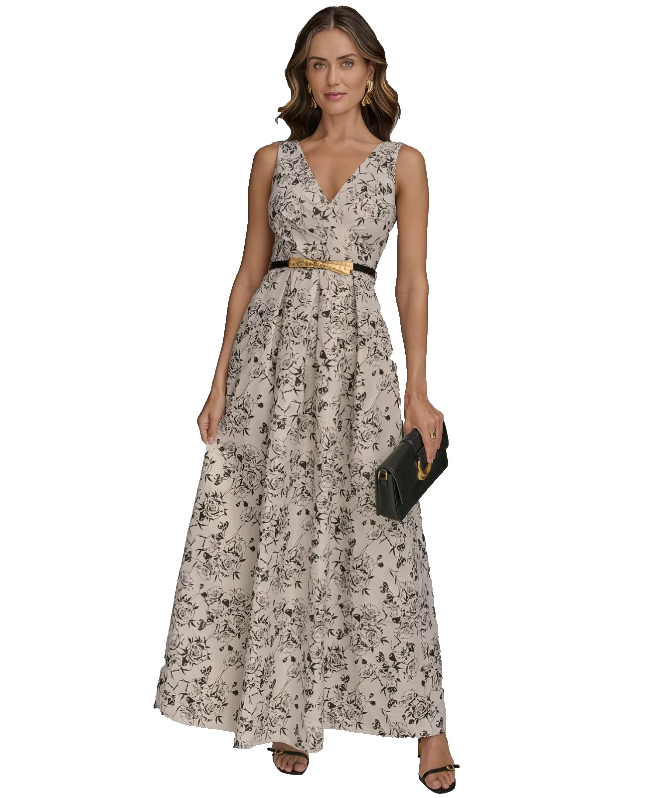 Donna Karan Black Cream Belted V-Neck Floral Jacquard Ball Gown Size 8 $349